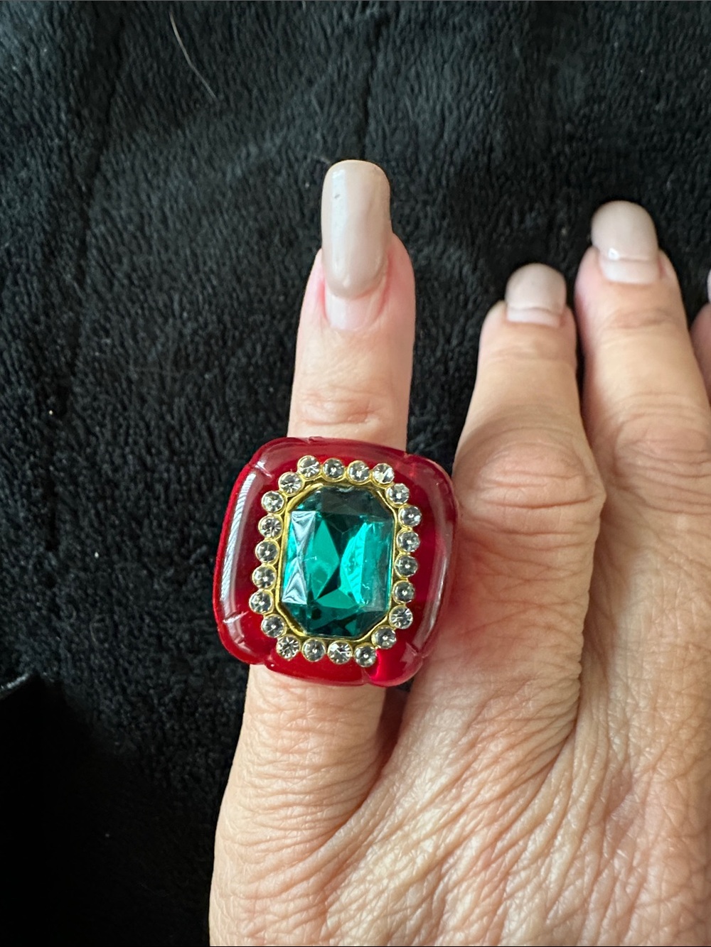 Red Bubble Style Statement Ring with Emerald Center and Crystal Halo Size 8 - Picture 2 of 5